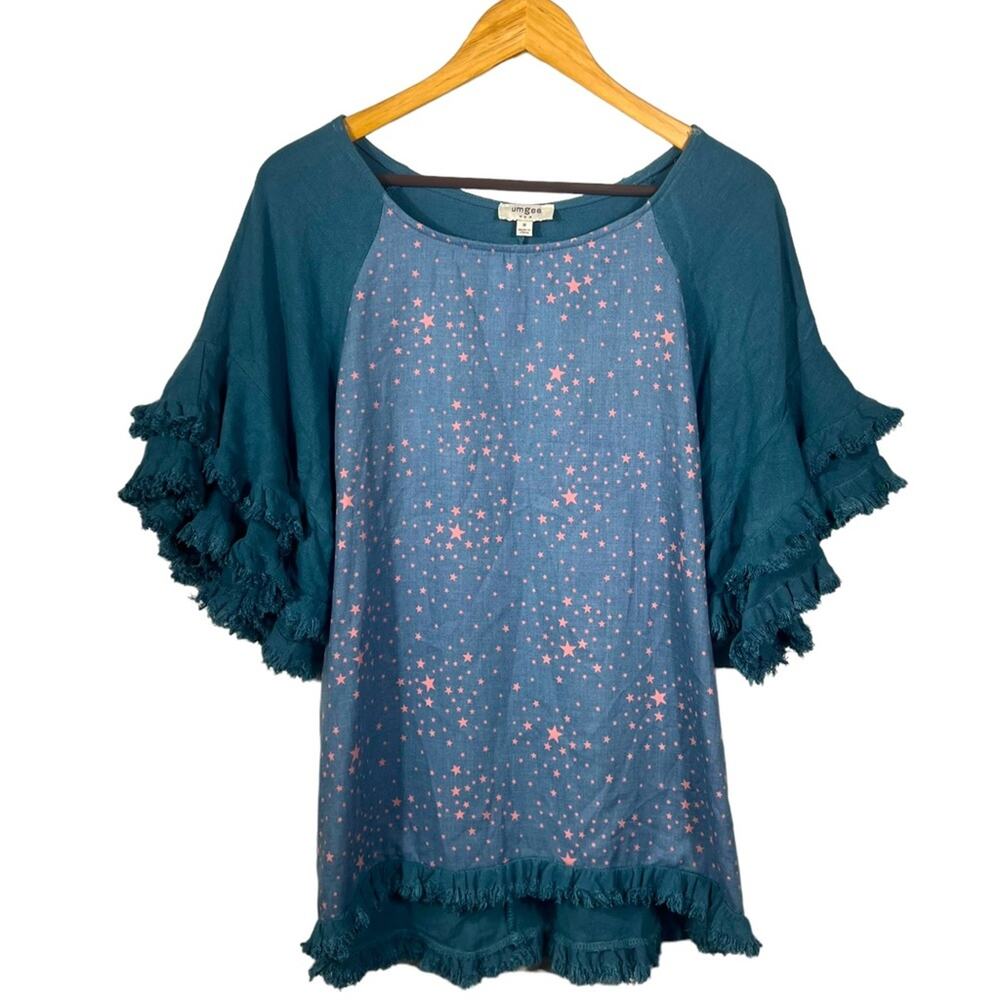 Umgee Ruffles Star Print Linen Blend Top Size Medium